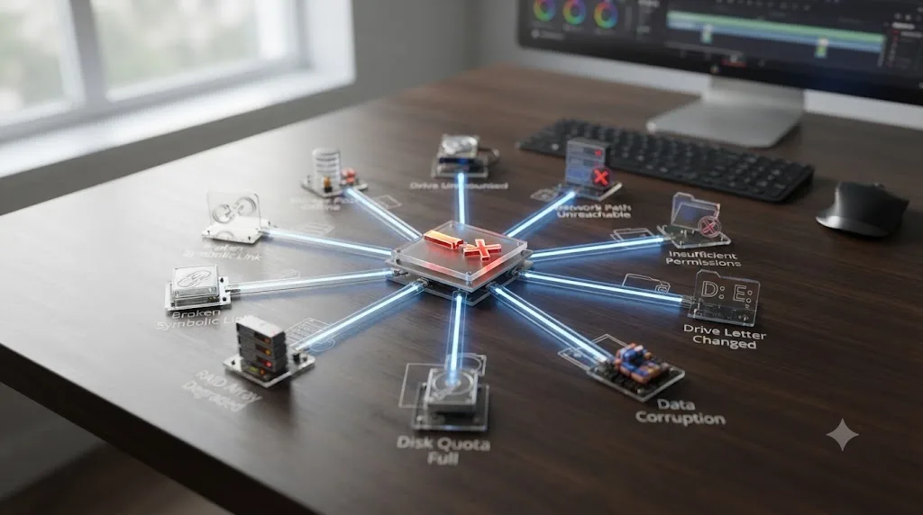 Illustration of nine causes of a DaVinci Resolve media storage location error converging on a single broken path icon
