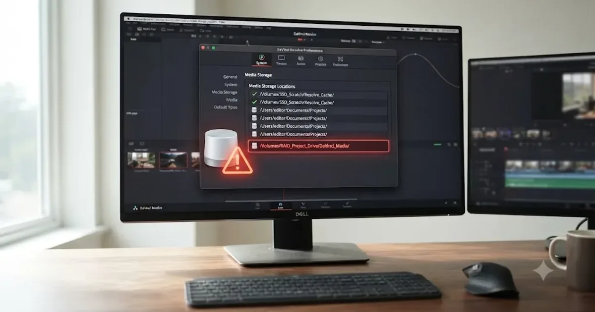 Illustration of a DaVinci Resolve media storage settings panel with a broken drive path glowing red next to a warning triangle icon