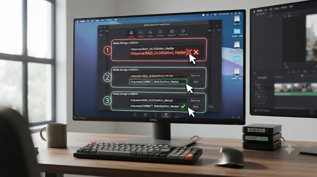 Illustration of a step by step process removing a broken drive path from DaVinci Resolve media storage and adding a corrected one