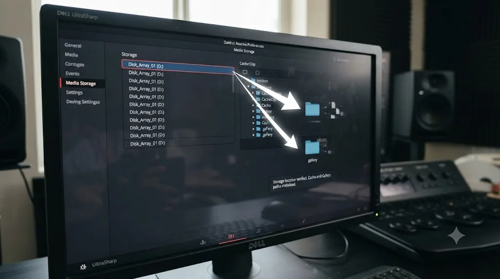 Illustration of the first entry in a DaVinci Resolve media storage list generating a cache folder and a gallery stills folder