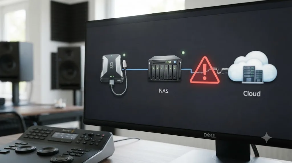 Illustration of a local SSD listed first ahead of a NAS and cloud storage in a DaVinci Resolve media storage chain with a broken cloud connection
