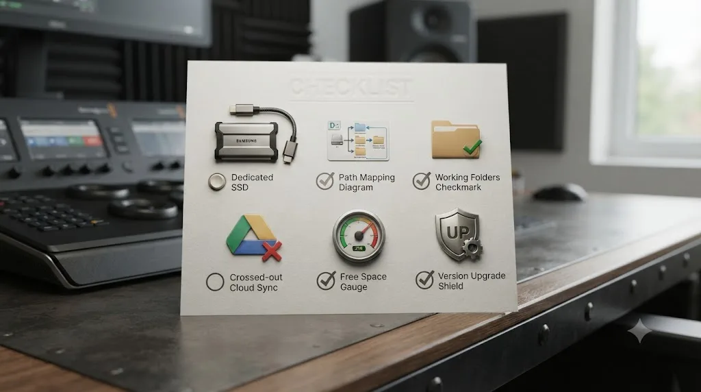 Illustration of a six item prevention checklist for DaVinci Resolve media storage location errors