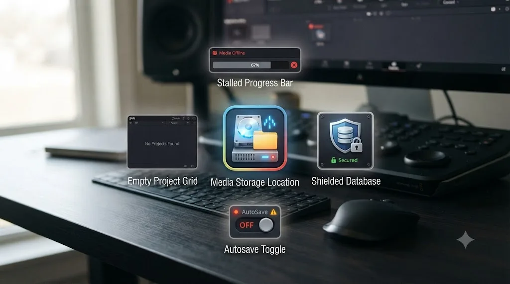 Illustration of four related DaVinci Resolve troubleshooting icons arranged around a central media storage location icon