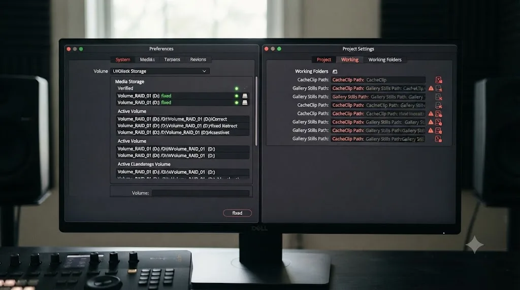 Illustration of a fixed DaVinci Resolve preferences panel next to a project settings panel still referencing a disconnected drive