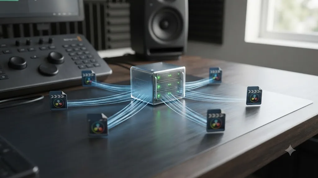 Illustration of a single shared DaVinci Resolve storage pool feeding multiple separate projects