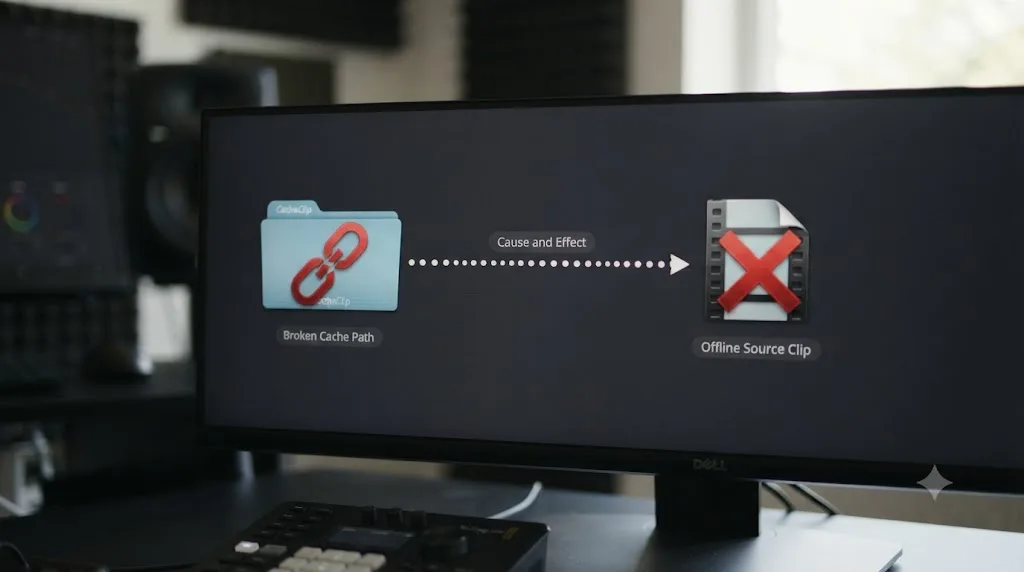 Illustration comparing a broken DaVinci Resolve cache path to a separate offline source clip issue connected by a cause and effect line