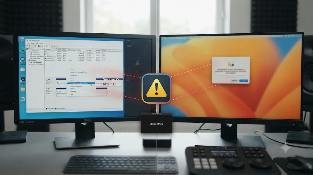 Illustration comparing a Windows drive letter reassignment and a macOS permission prompt both triggering the same DaVinci Resolve storage warning