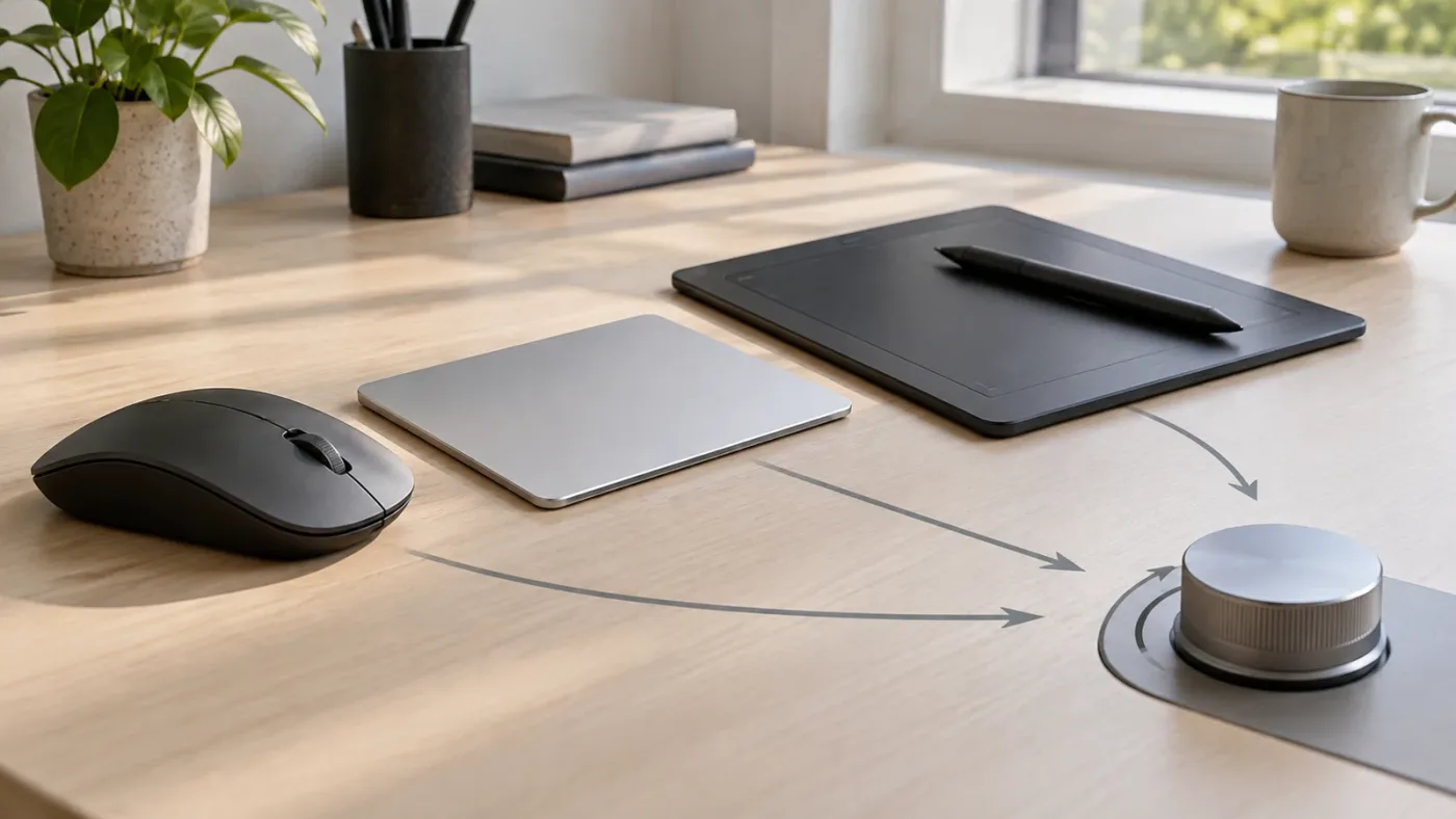 Illustration of mouse, trackpad, and tablet input affecting a DaVinci Resolve viewer