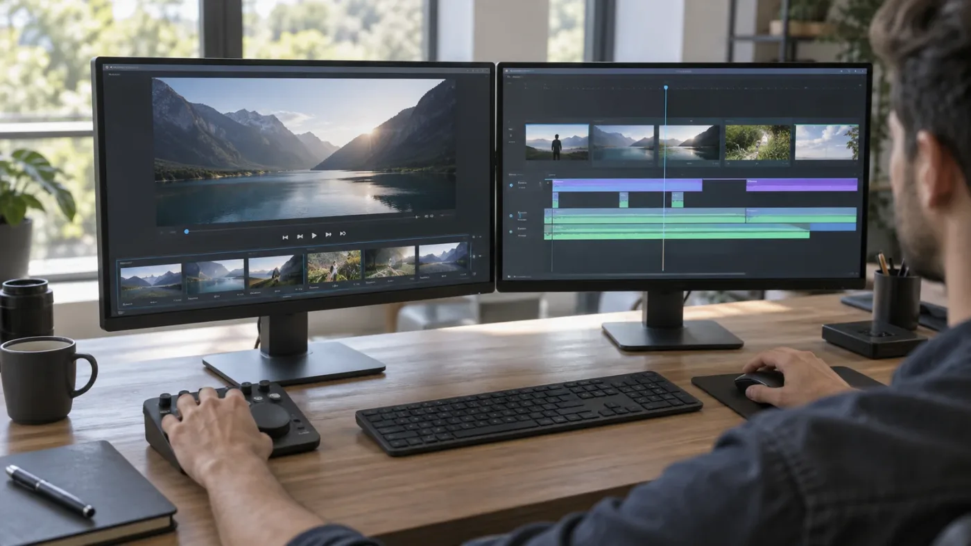 Illustration of separate Fit controls for the DaVinci Resolve Source Viewer and Timeline Viewer