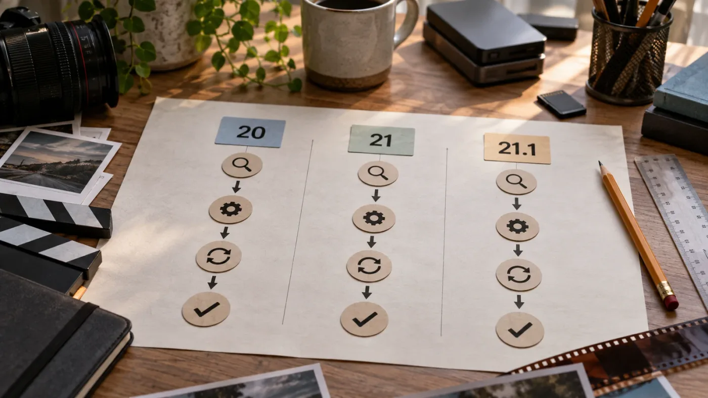 Illustration of DaVinci Resolve version-aware viewer troubleshooting from 20 to 21.1