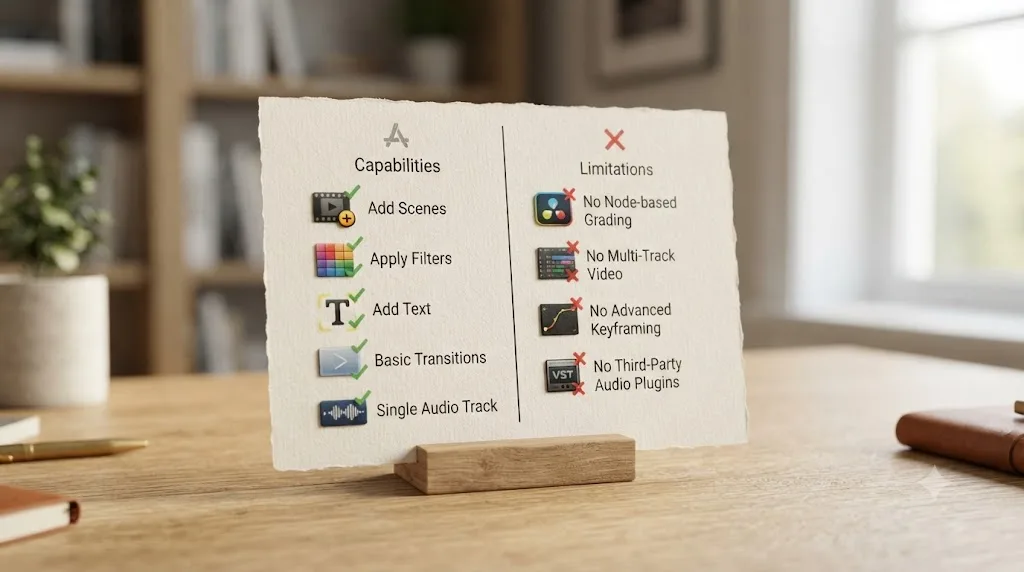 Illustration of a checklist card showing what Adobe Express's video editor covers and where its capabilities stop