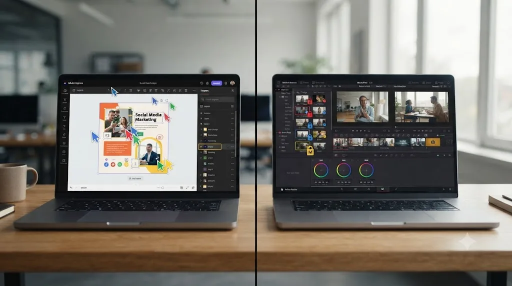Illustration comparing Adobe Express's real-time multiplayer editing to DaVinci Resolve's first-come lock model for team collaboration