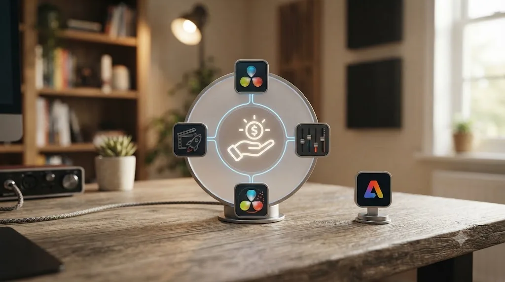 Illustration of DaVinci Resolve's four production pages, color, audio, VFX, and delivery, all included in its free edition, next to a separate Adobe Express icon