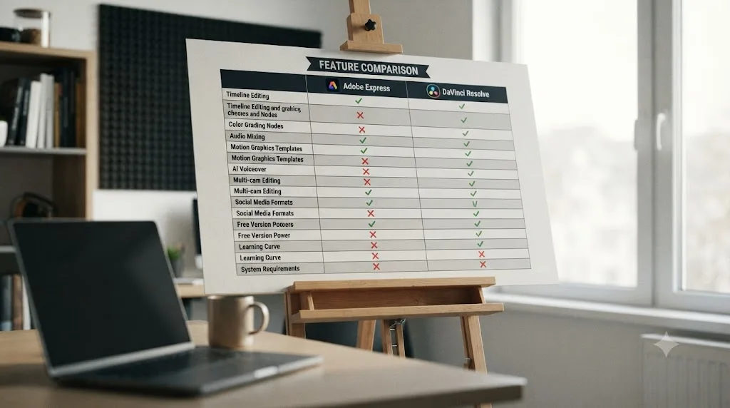 Illustration of a full side-by-side comparison table between Adobe Express and DaVinci Resolve across every major feature