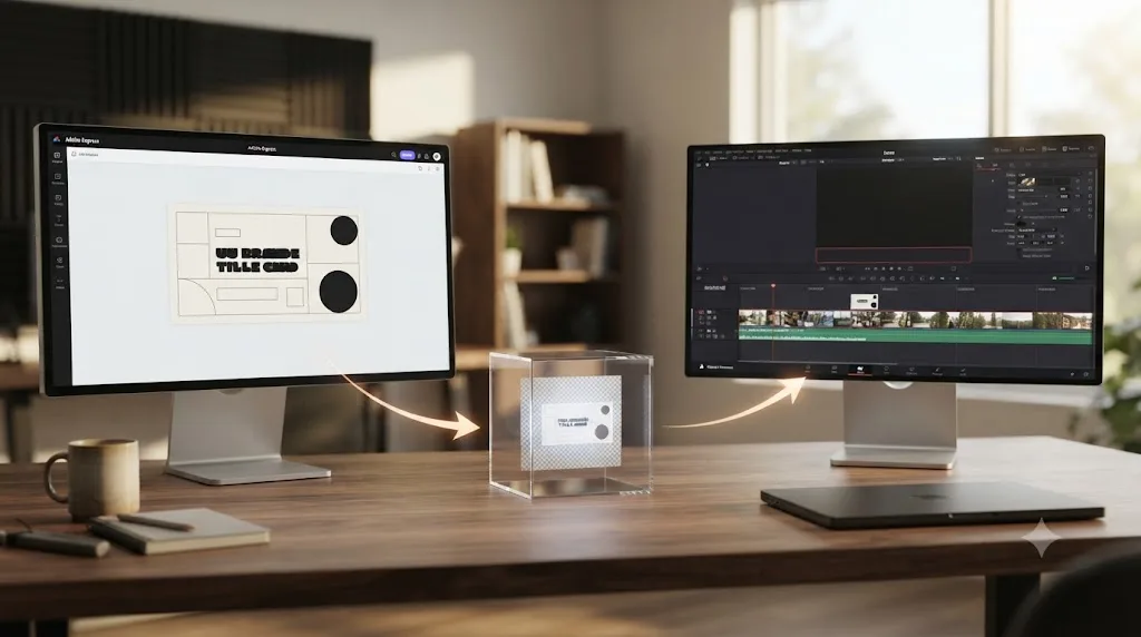 Illustration of a title card built in Adobe Express being imported into a DaVinci Resolve timeline as a graphic layer