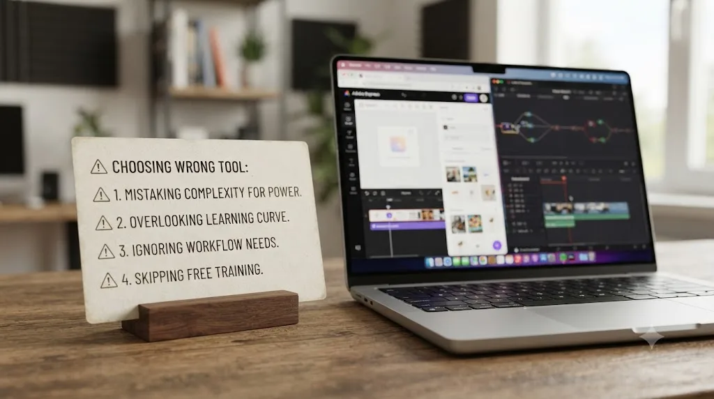 Illustration of a checklist card listing common mistakes beginners make choosing between Adobe Express and DaVinci Resolve