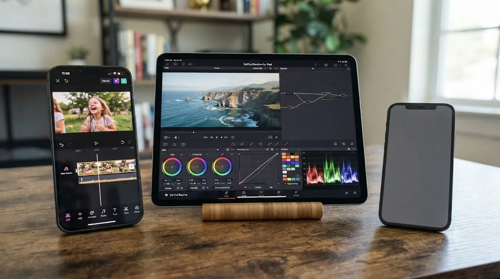 Illustration comparing Adobe Express's full-featured phone app to DaVinci Resolve's iPad-only app, with no DaVinci Resolve icon on a phone