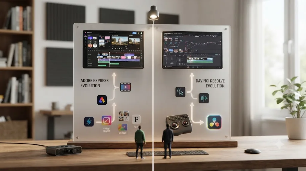 Illustration comparing Adobe Express's evolution from a design tool into a video editor against DaVinci Resolve's evolution from color software into a full production suite