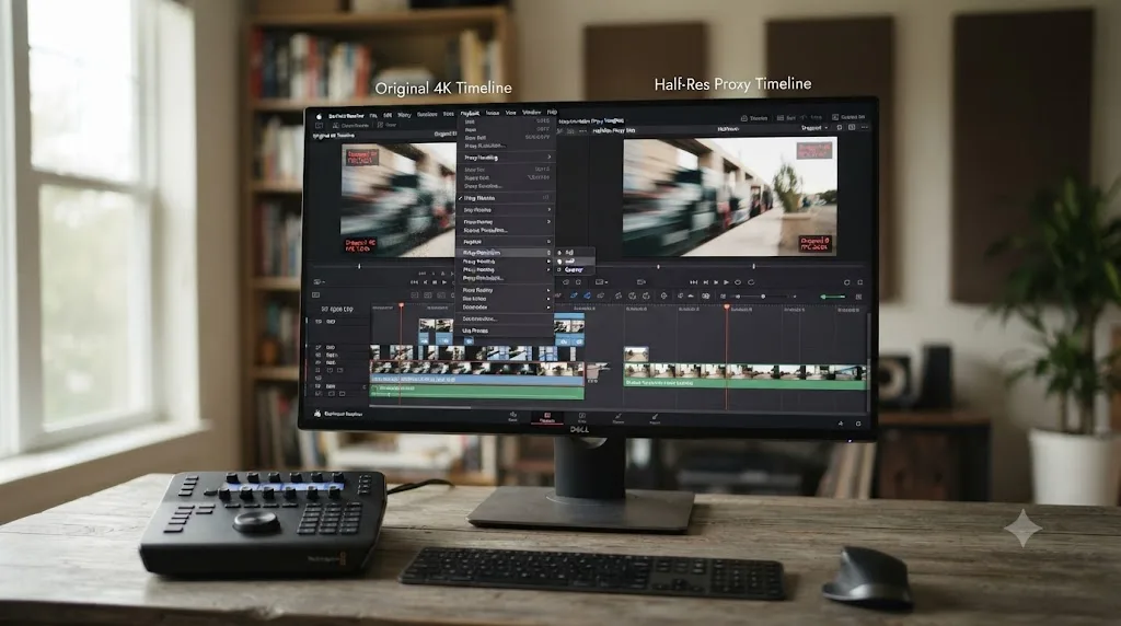 Illustration of DaVinci Resolve's Proxy Resolution setting fixing a stuttering timeline on lower-end hardware
