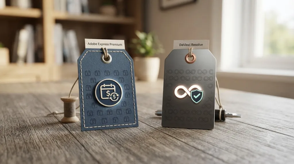 Illustration of two price tags comparing Adobe Express Premium's monthly subscription against DaVinci Resolve's free edition