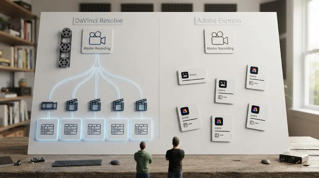 Illustration of one long recording branching into multiple outputs inside a single organized project versus several disconnected scene-based projects