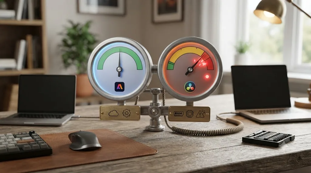 Illustration of a performance gauge comparing Adobe Express's browser-based demands against DaVinci Resolve's hardware requirements