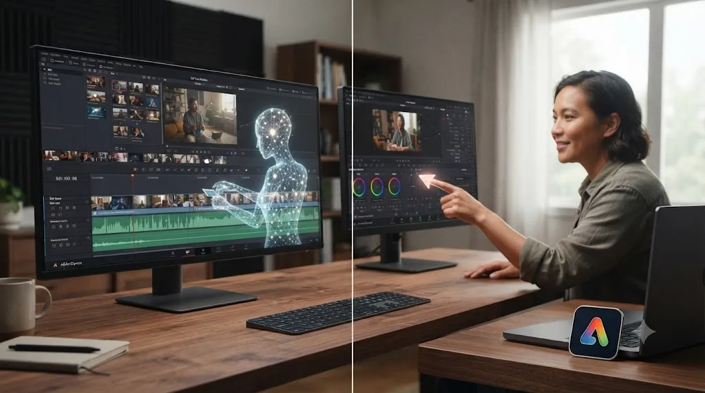 Illustration contrasting an AI agent executing a DaVinci Resolve edit with an assistant pointing at a control, for someone switching from Adobe Express