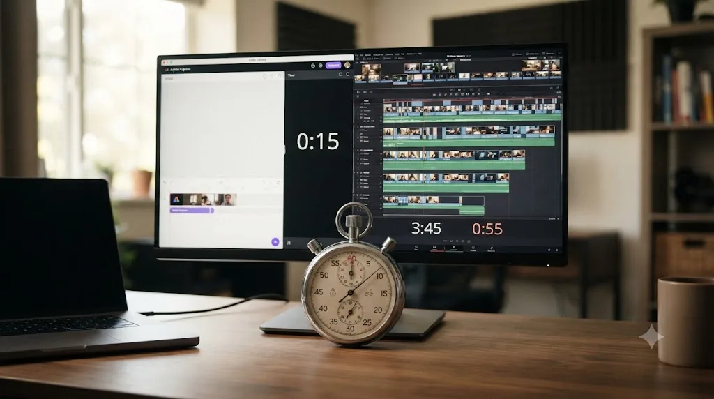 Illustration of a stopwatch comparing a fast Adobe Express edit against a DaVinci Resolve edit that gets faster with repetition