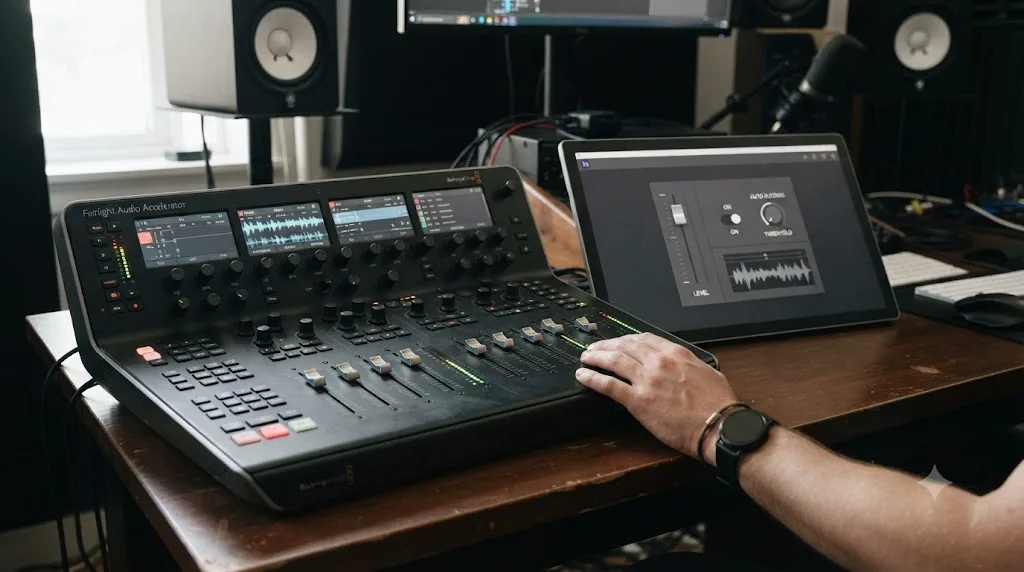 Illustration comparing DaVinci Resolve's Fairlight audio console to a simple ducking and level-slider audio panel