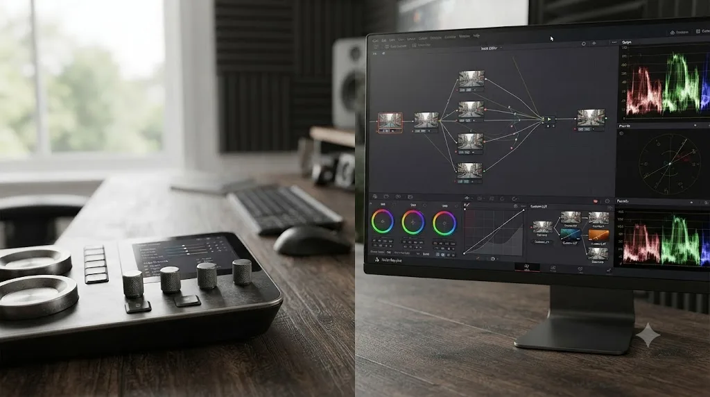 Illustration comparing a simple color slider panel to DaVinci Resolve's node-based Color page with scopes
