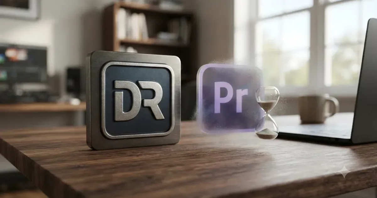 Illustration of a DaVinci Resolve desktop color timeline next to a fading Adobe Premiere Rush mobile app icon marked as retiring