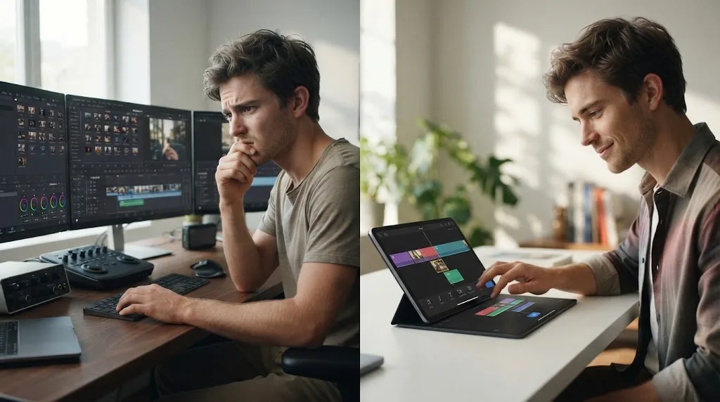 Illustration of a nervous first-time editor facing DaVinci Resolve's multiple tabs, contrasted with a creator quickly finishing a video in a simplified app