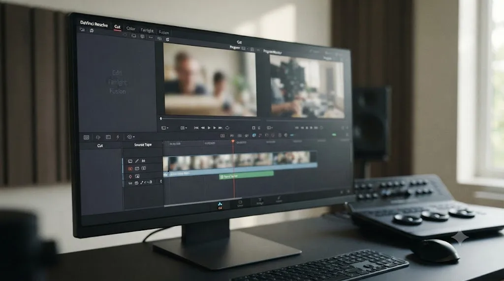 Illustration of DaVinci Resolve's simplified Cut page with the Edit, Color, Fairlight, and Fusion tabs dimmed in the background