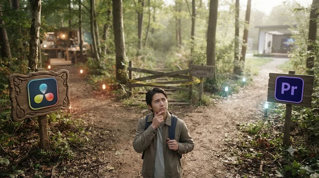 Illustration of a beginner at a fork in the road between DaVinci Resolve and Adobe's new Premiere app, with a blocked path behind labeled Premiere Rush