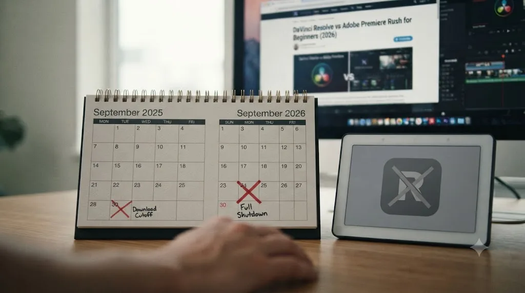 Illustration of a calendar showing Adobe Premiere Rush's download cutoff and full shutdown dates