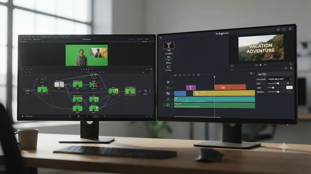Illustration of a DaVinci Resolve Fusion node graph shown against a simpler mobile-style title and overlay panel
