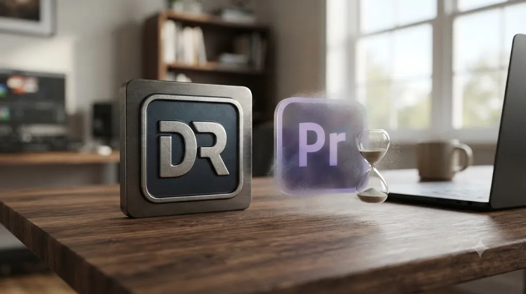 Illustration of a solid DaVinci Resolve icon next to a fading Adobe Premiere Rush icon with an hourglass