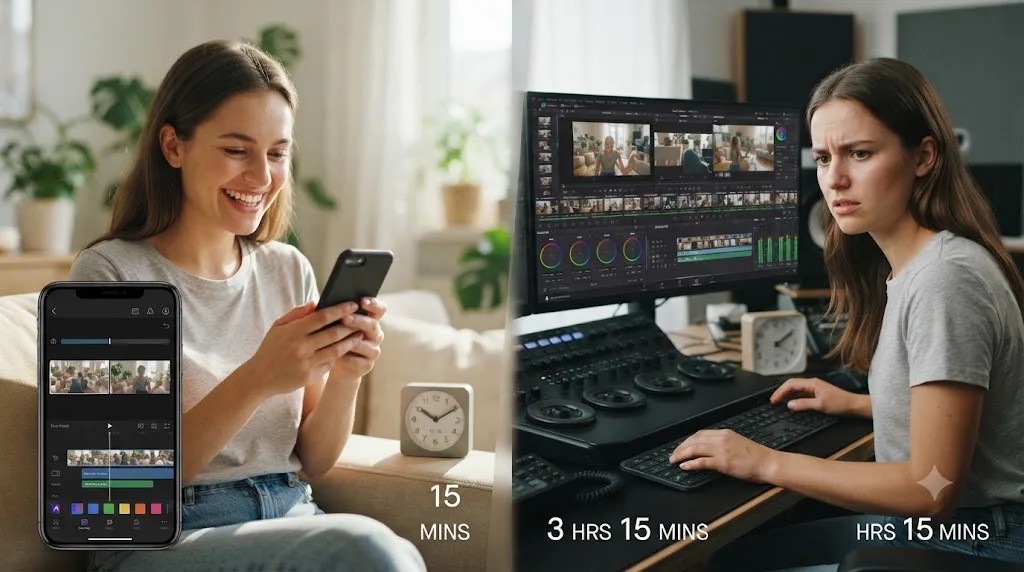 Illustration of a beginner quickly finishing a video in a simple app versus facing a more complex multi-page editing interface