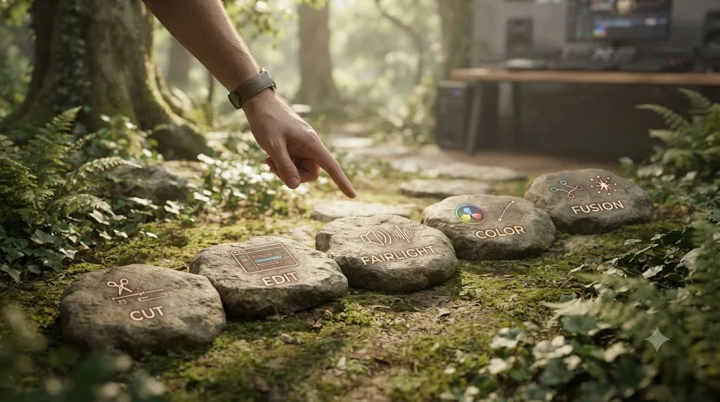 Illustration of a learning path showing DaVinci Resolve's pages as sequential stepping stones from Edit through to Fusion