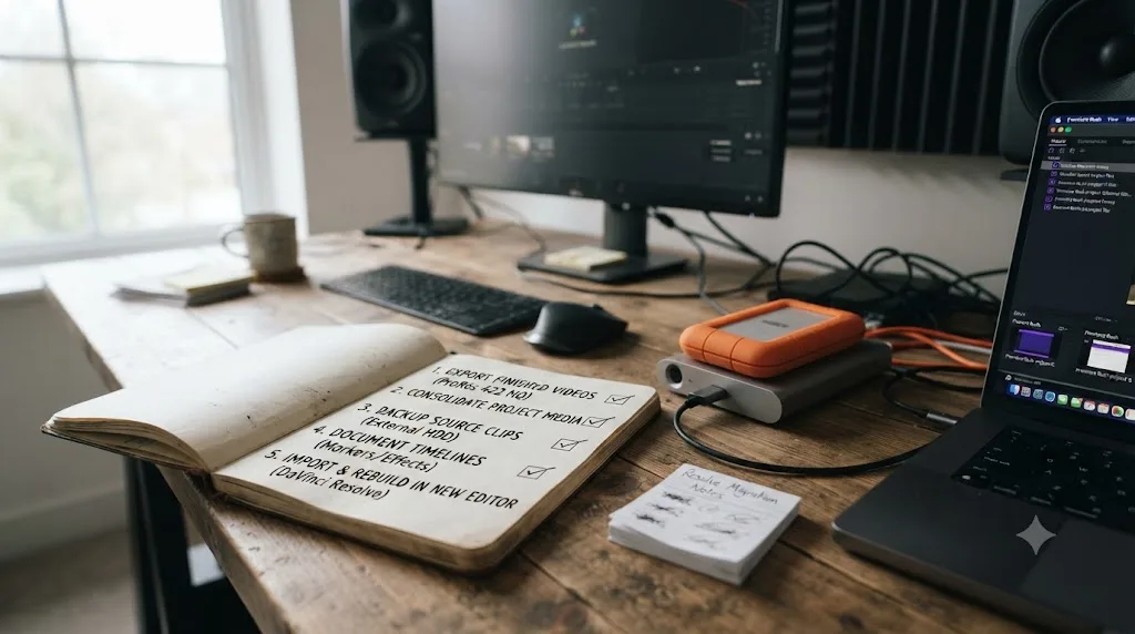 Illustration of a numbered checklist for migrating projects away from a discontinued Adobe Premiere Rush