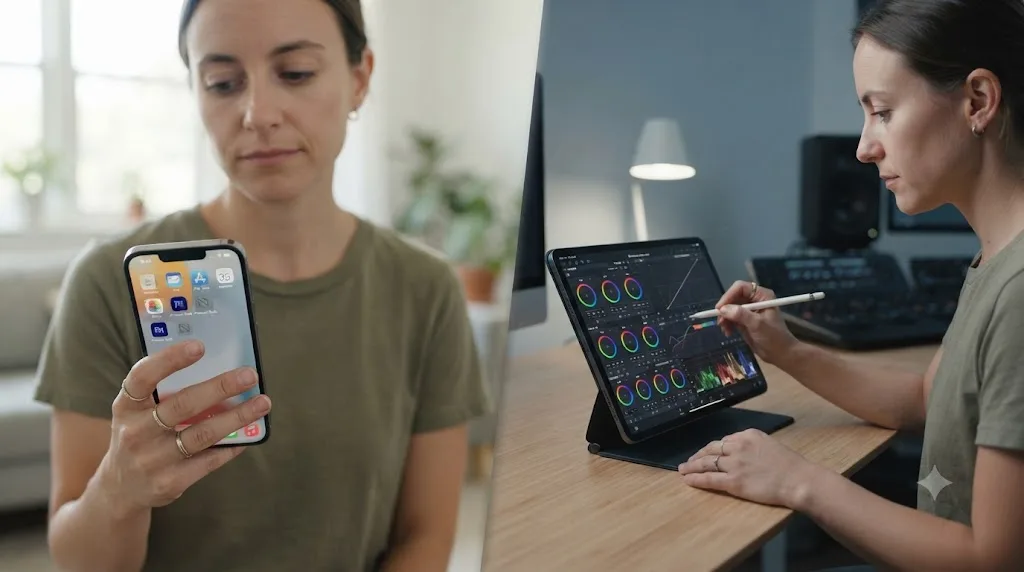 Illustration comparing a grayed-out Premiere Rush phone icon to a DaVinci Resolve iPad editing session