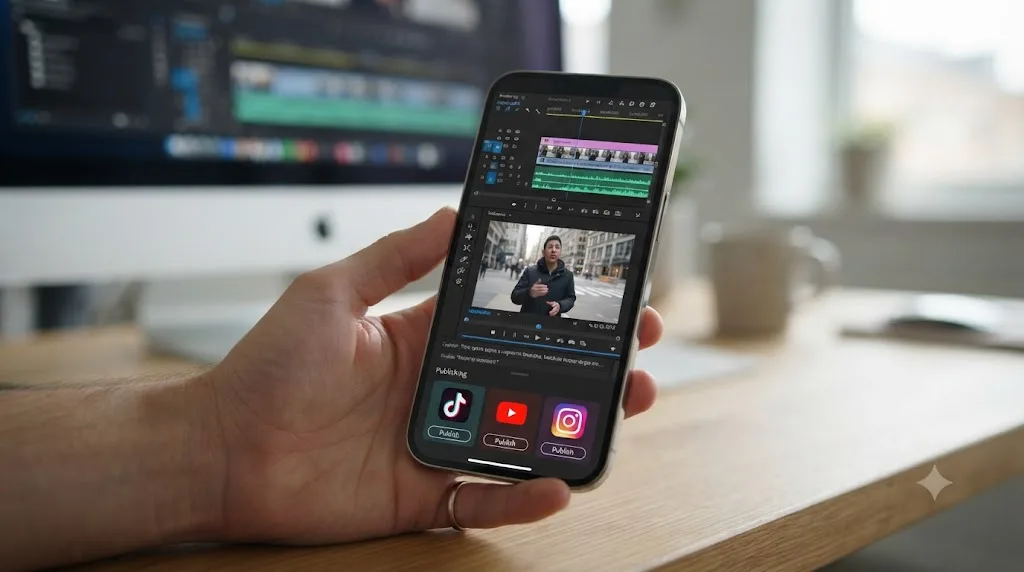 Illustration of Adobe's new Premiere app interface on a phone with a multi-track timeline and one-tap social publishing icons