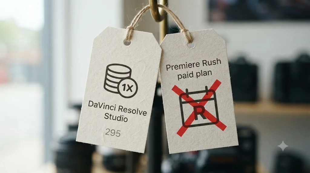 Illustration comparing DaVinci Resolve's one-time Studio payment to a crossed-out Adobe Premiere Rush subscription