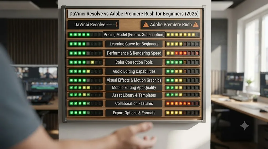 Illustration of a scoreboard comparing DaVinci Resolve and Adobe Premiere Rush across ten categories