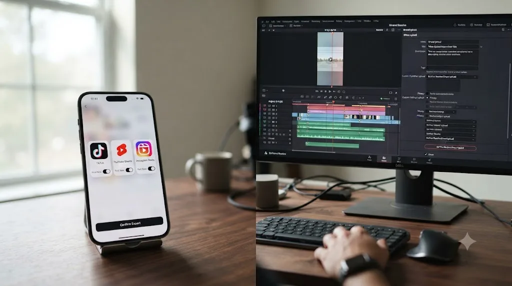 Illustration comparing a one-tap social export flow to a DaVinci Resolve vertical timeline with a manual upload panel