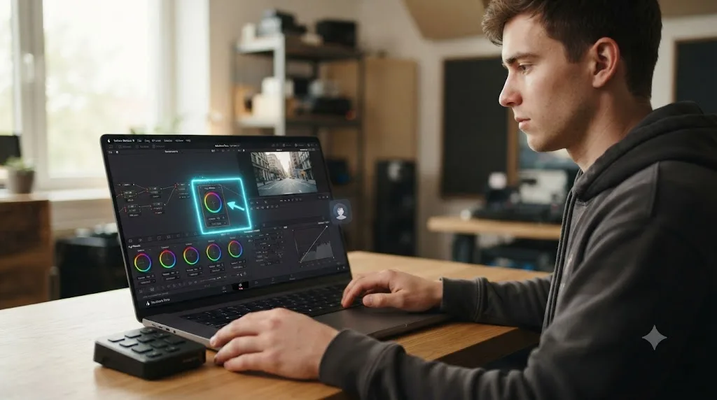 Illustration of a person working inside DaVinci Resolve's Color page with an assistant overlay pointing at a specific node control