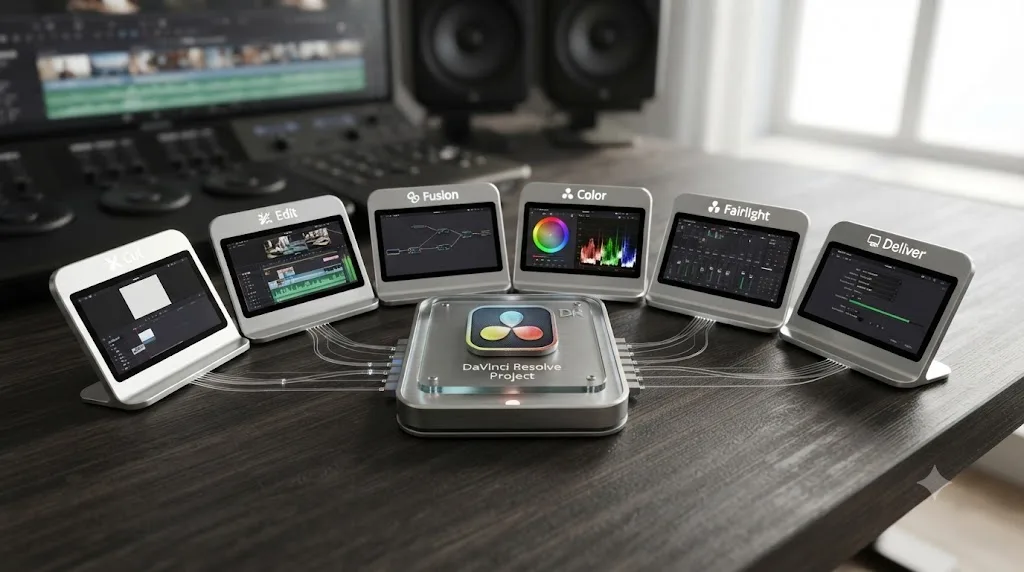 Illustration of DaVinci Resolve's connected pages, Cut, Edit, Fusion, Color, Fairlight, and Deliver, arranged around a central project