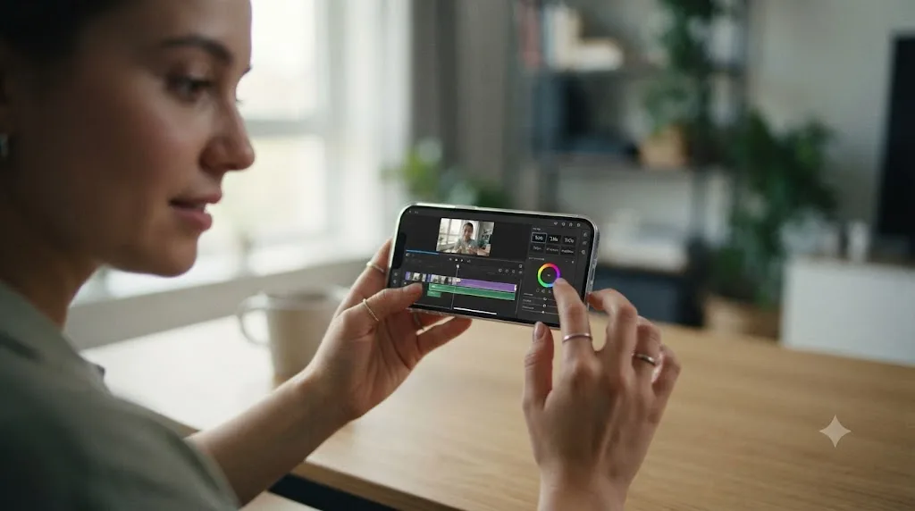 Illustration of a person editing a short video on a phone using a simplified, single-window app interface