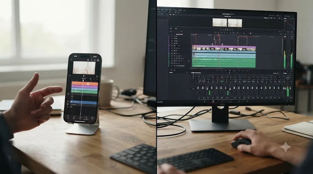 Illustration of the same short vertical video being edited side by side in a simplified mobile editor and in DaVinci Resolve