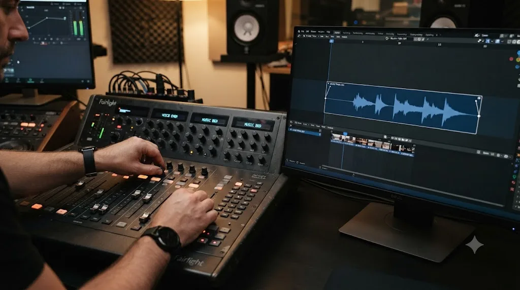 Illustration comparing DaVinci Resolve's Fairlight audio mixing console to Blender's simpler waveform-based audio strips